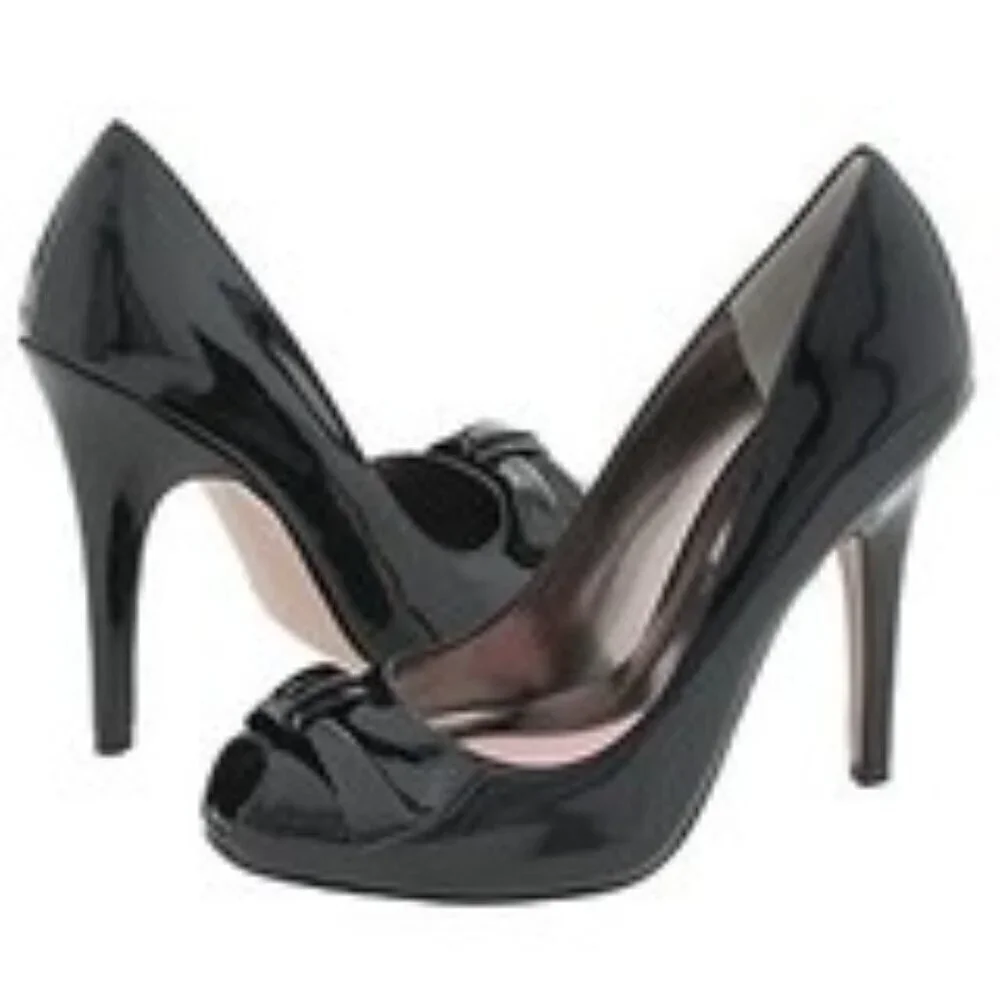 PARIS Hilton peep toe Heels with bow in patent black leather size 8 - Picture 1 of 16